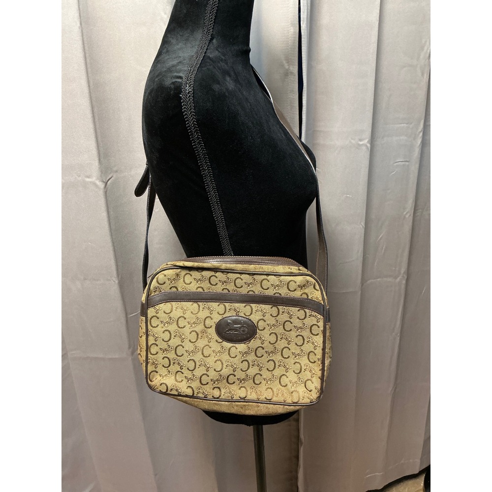 Celine Macadam Monogram Canvas Leather Trim Brown Vintage Crossbody Italy